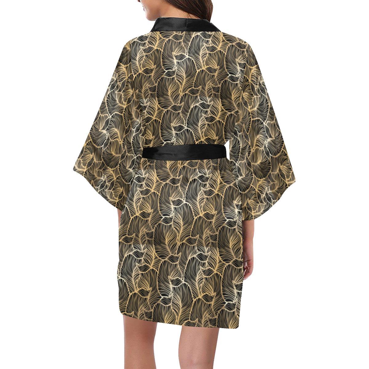 Elegant Gold leaf Print Women Short Kimono Robe