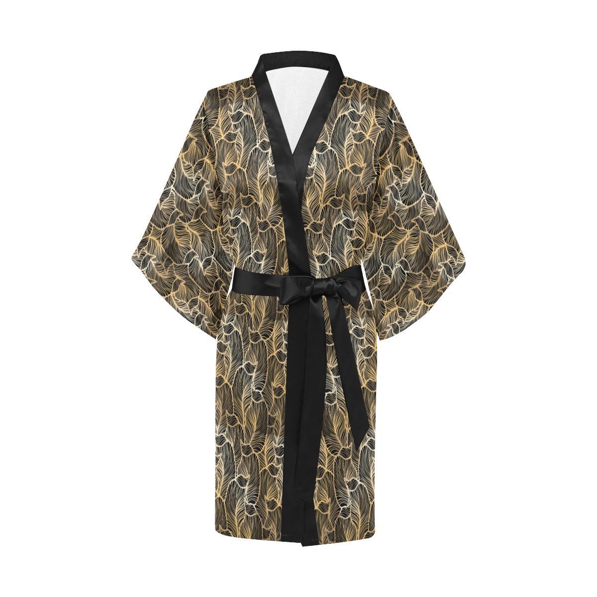 Elegant Gold leaf Print Women Short Kimono Robe