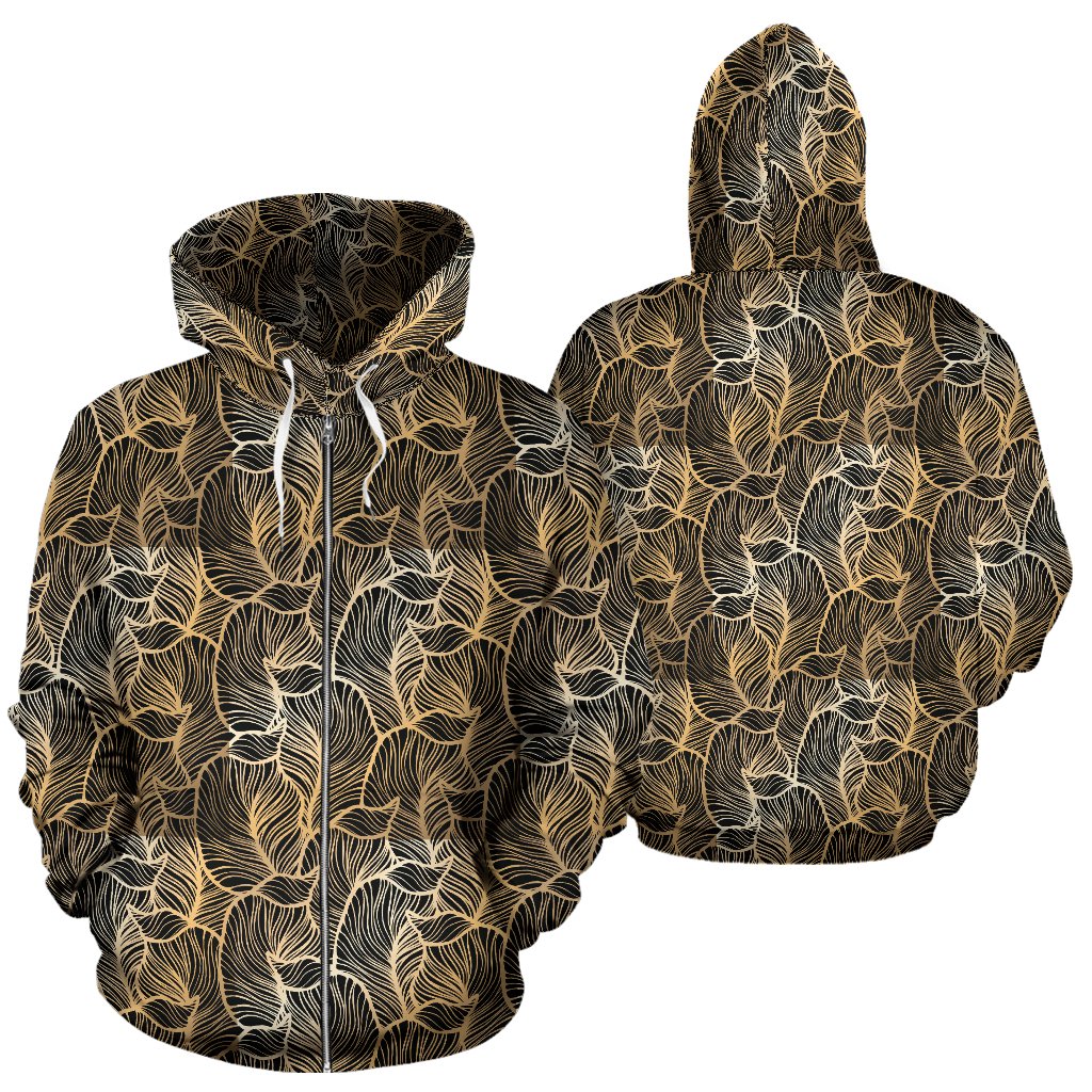 Elegant Gold Leaf Print Zip Up Hoodie