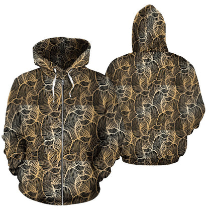 Elegant Gold Leaf Print Zip Up Hoodie