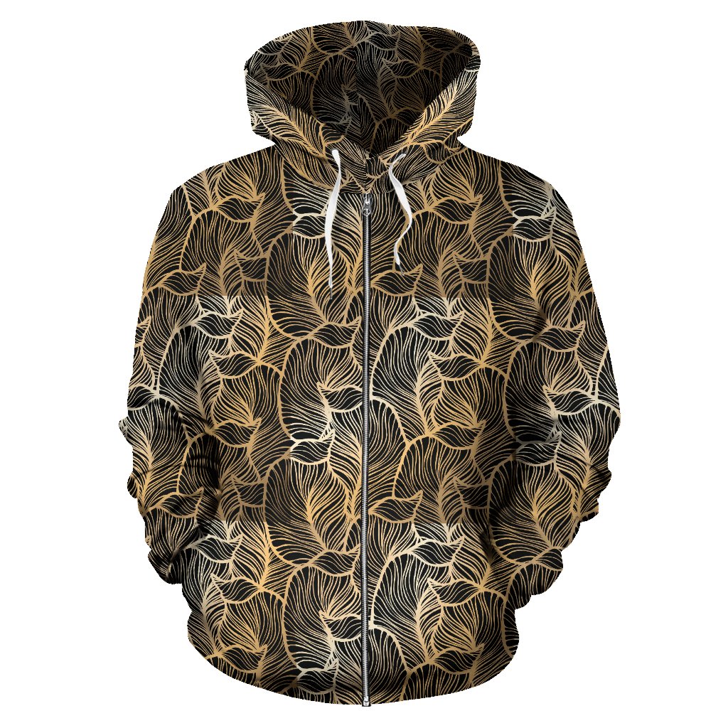 Elegant Gold Leaf Print Zip Up Hoodie