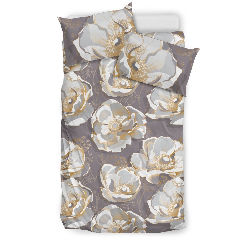 Elegant Grey Flower Print Duvet Cover Bedding Set