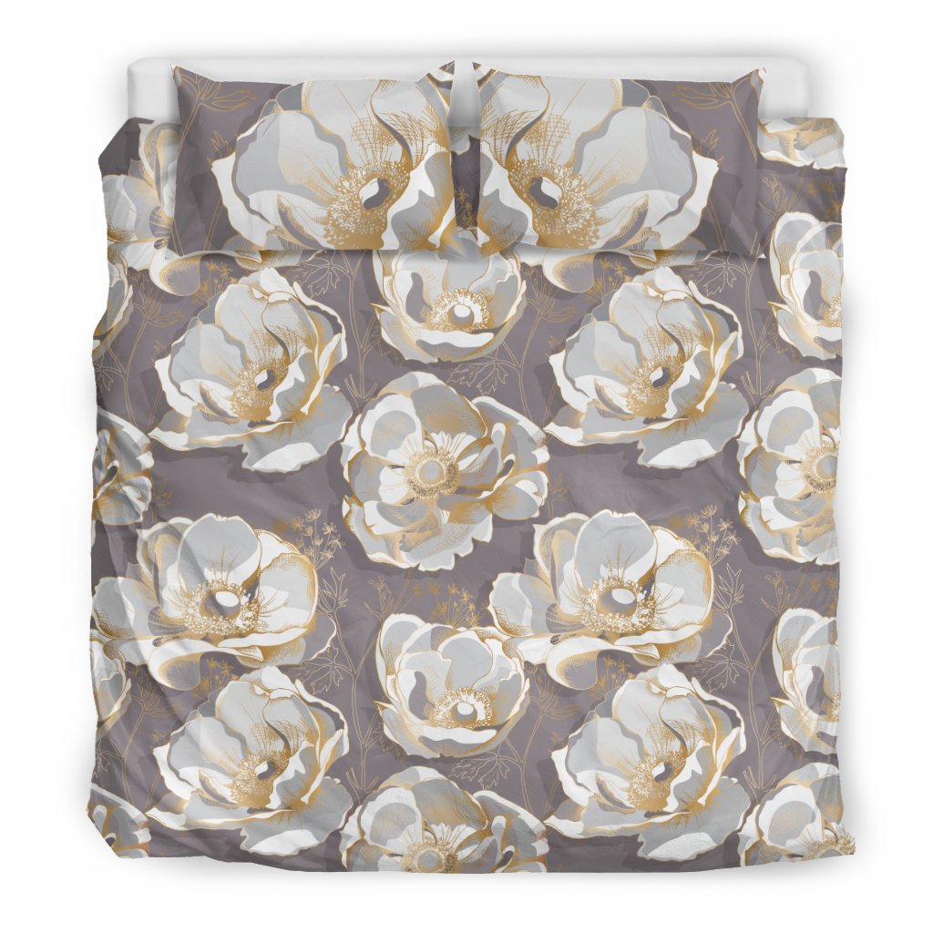Elegant Grey Flower Print Duvet Cover Bedding Set