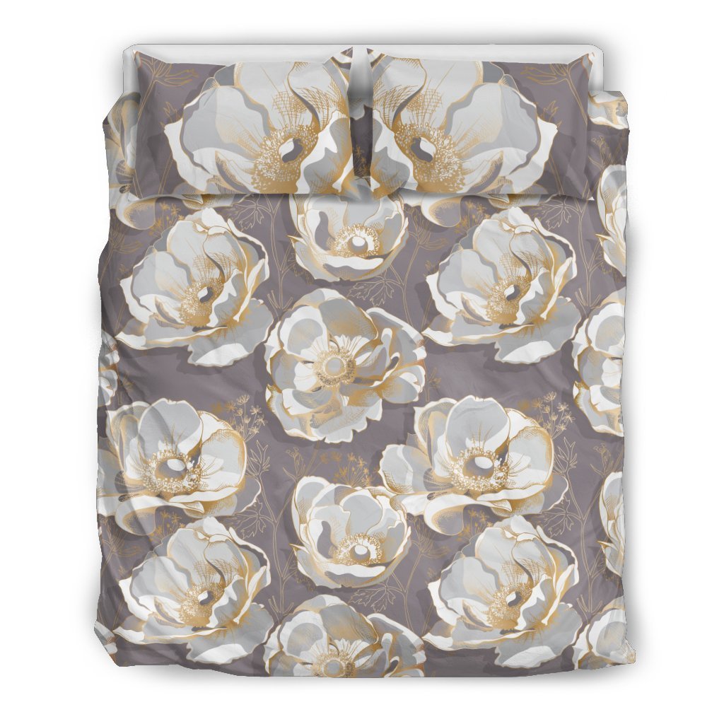Elegant Grey Flower Print Duvet Cover Bedding Set