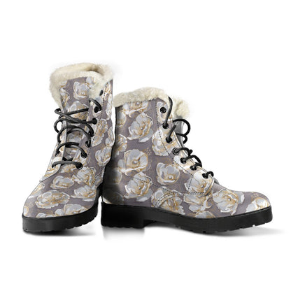 Elegant Grey Flower Print Faux Fur Leather Boots-JTAMIGO.COM