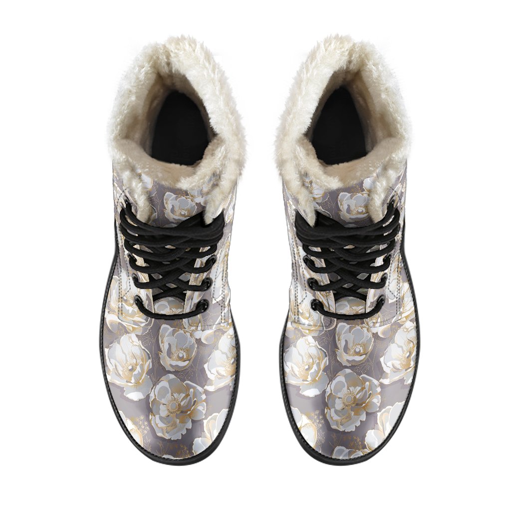 Elegant Grey Flower Print Faux Fur Leather Boots-JTAMIGO.COM