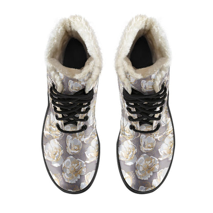 Elegant Grey Flower Print Faux Fur Leather Boots-JTAMIGO.COM