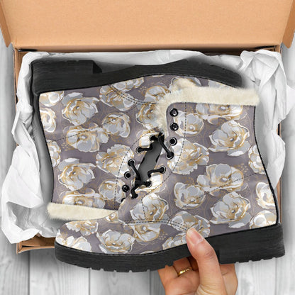 Elegant Grey Flower Print Faux Fur Leather Boots-JTAMIGO.COM
