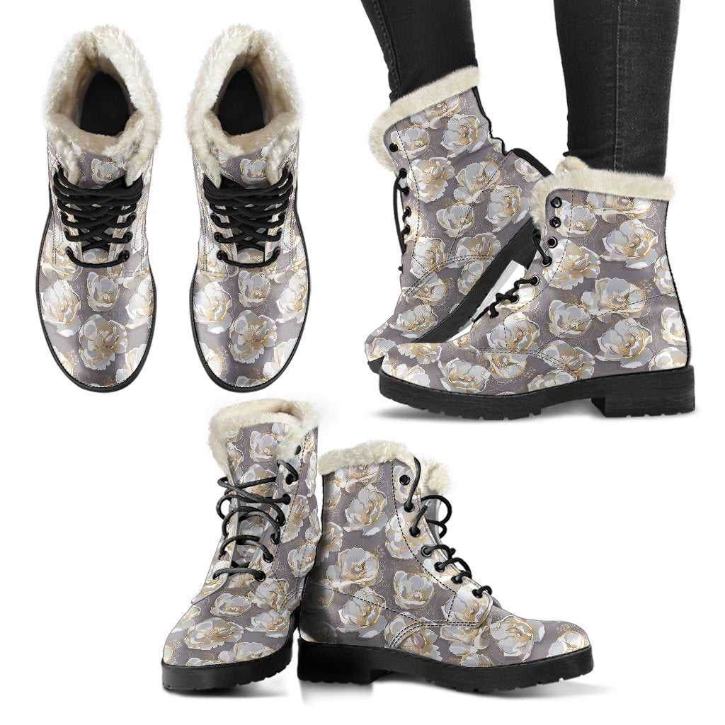 Elegant Grey Flower Print Faux Fur Leather Boots-JTAMIGO.COM