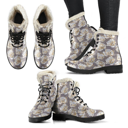 Elegant Grey Flower Print Faux Fur Leather Boots-JTAMIGO.COM