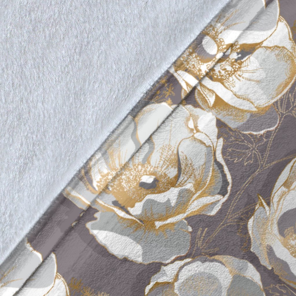 Elegant Grey Flower Print Fleece Blanket