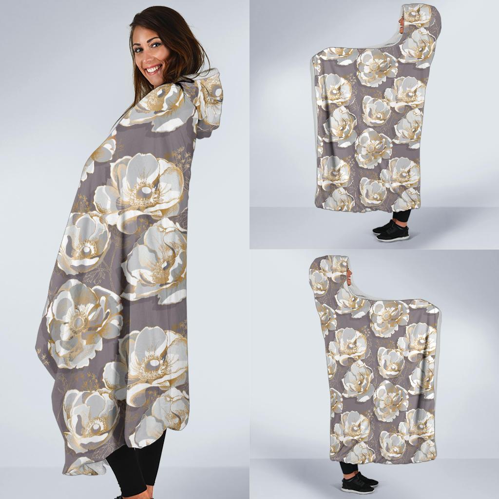 Elegant Grey Flower Print Hooded Blanket-JTAMIGO.COM