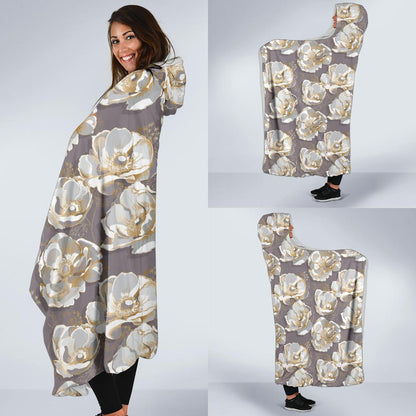 Elegant Grey Flower Print Hooded Blanket-JTAMIGO.COM