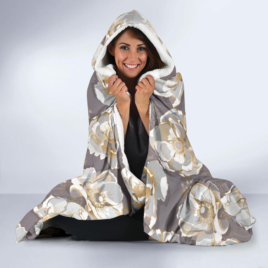 Elegant Grey Flower Print Hooded Blanket-JTAMIGO.COM