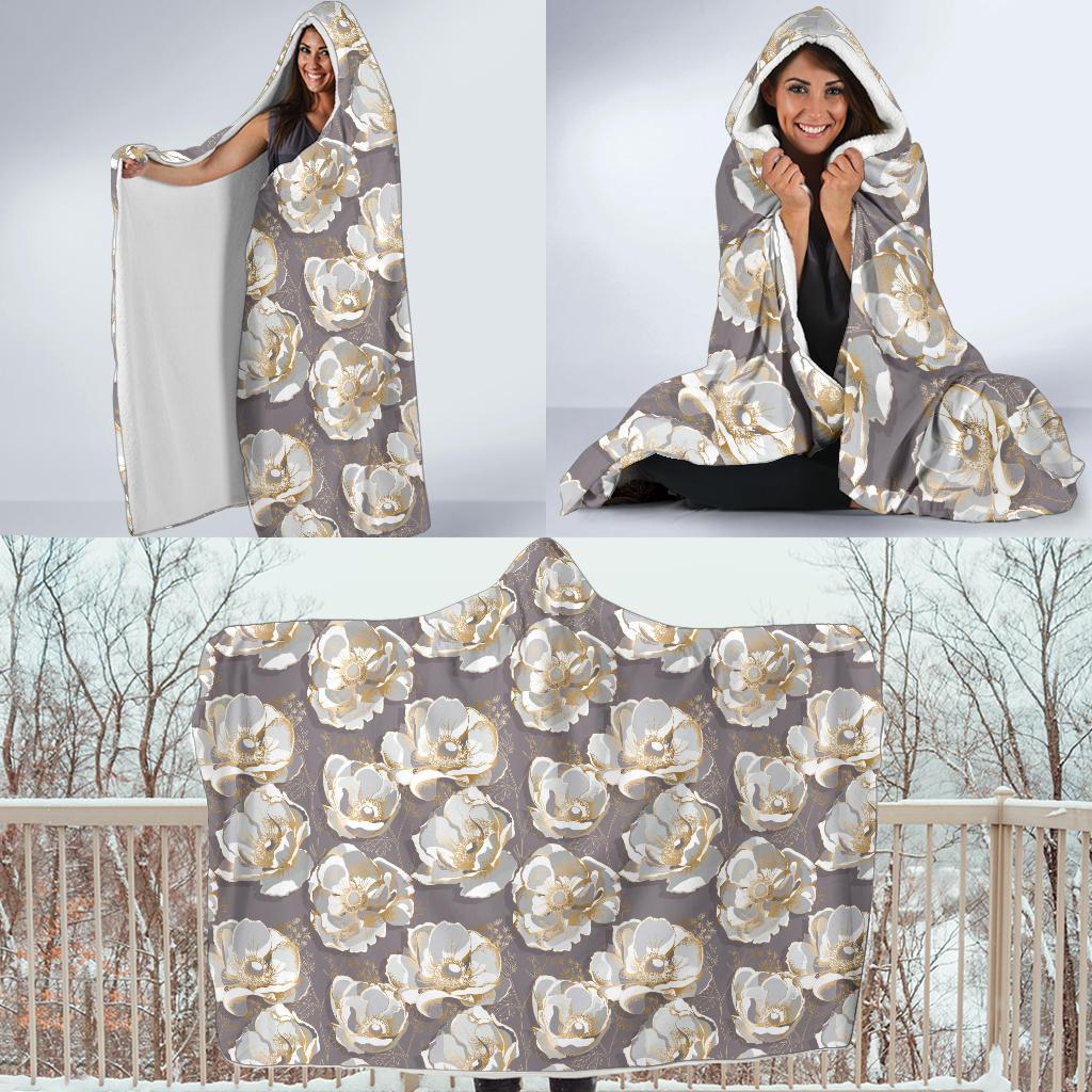 Elegant Grey Flower Print Hooded Blanket-JTAMIGO.COM