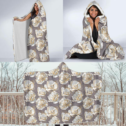Elegant Grey Flower Print Hooded Blanket-JTAMIGO.COM