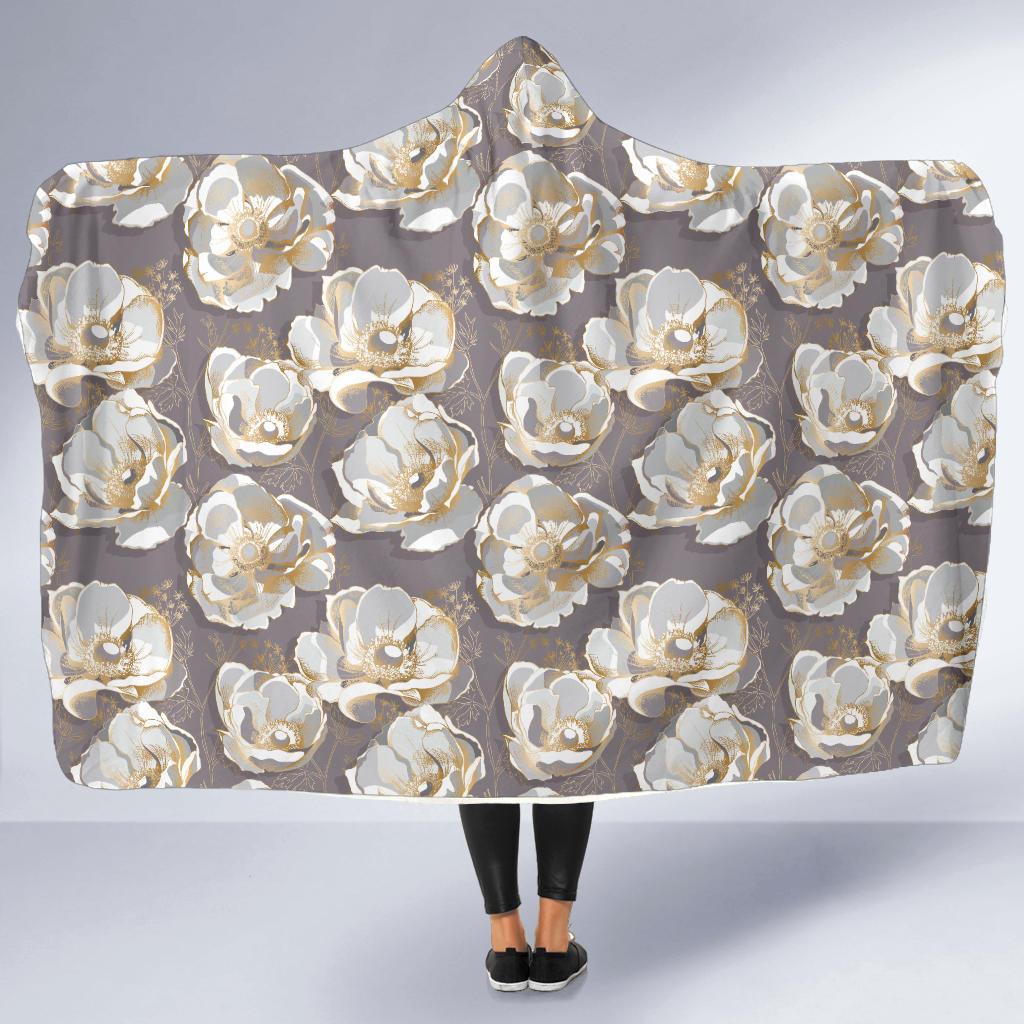 Elegant Grey Flower Print Hooded Blanket-JTAMIGO.COM