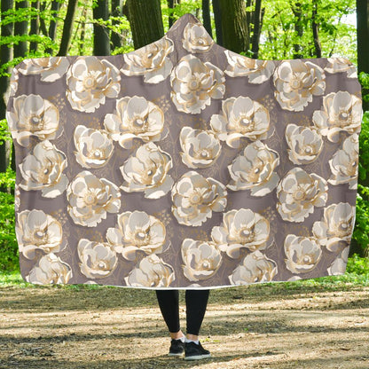 Elegant Grey Flower Print Hooded Blanket-JTAMIGO.COM