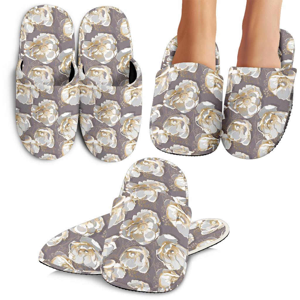 Elegant Grey Flower Print House Slippers