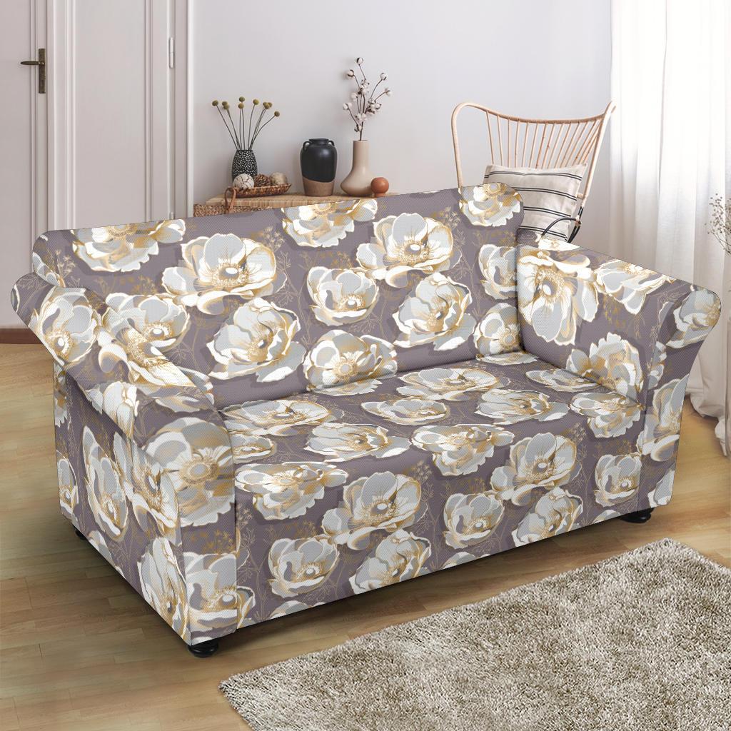 Elegant Grey Flower Print Loveseat Slipcover-JTAMIGO.COM