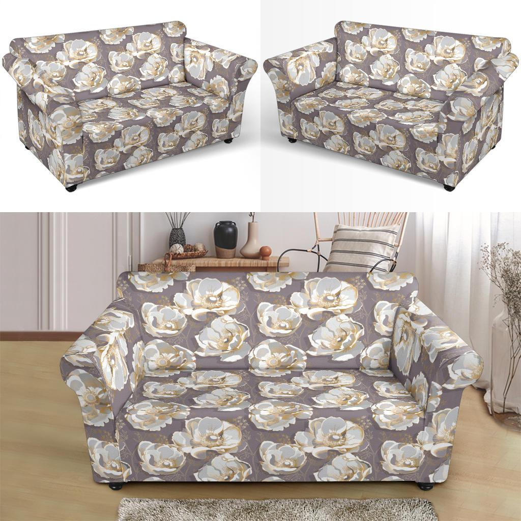 Elegant Grey Flower Print Loveseat Slipcover-JTAMIGO.COM