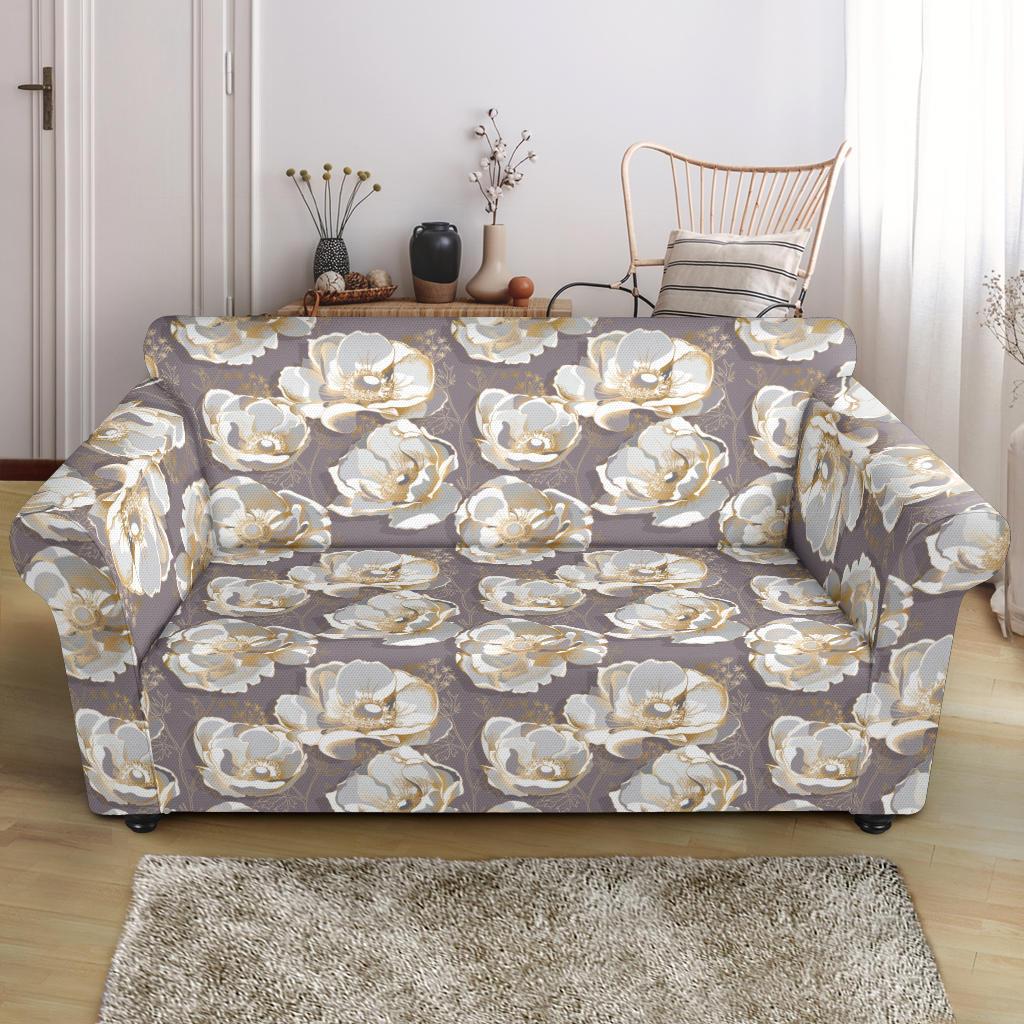 Elegant Grey Flower Print Loveseat Slipcover-JTAMIGO.COM