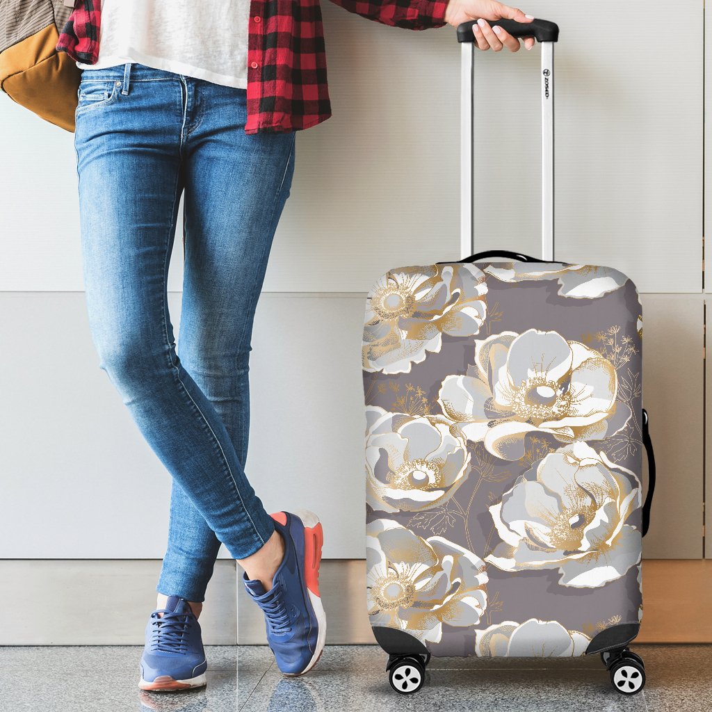Elegant Grey Flower Print Luggage Cover Protector