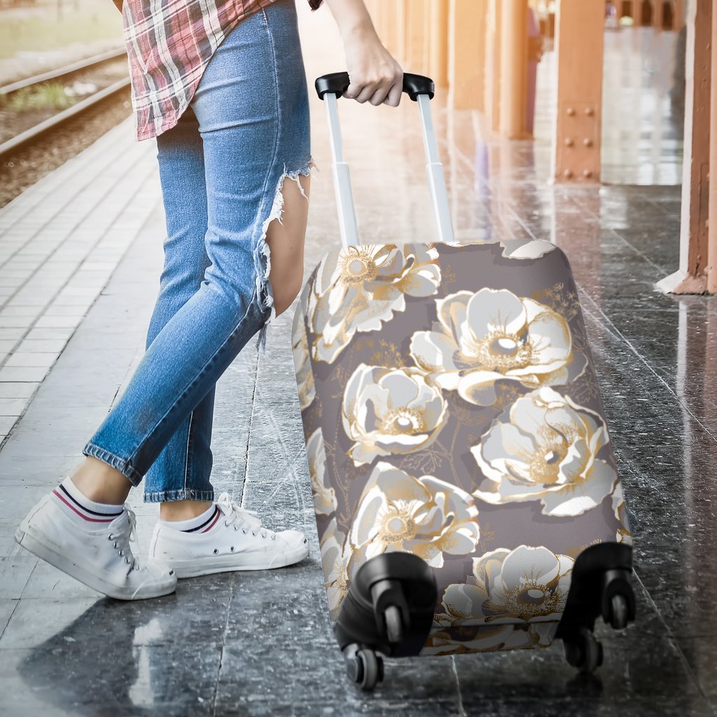 Elegant Grey Flower Print Luggage Cover Protector