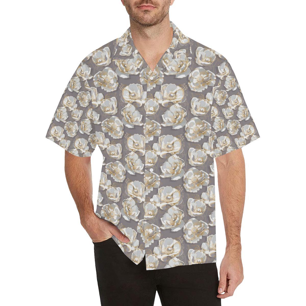 Elegant Grey Flower Print Men Aloha Hawaiian Shirt