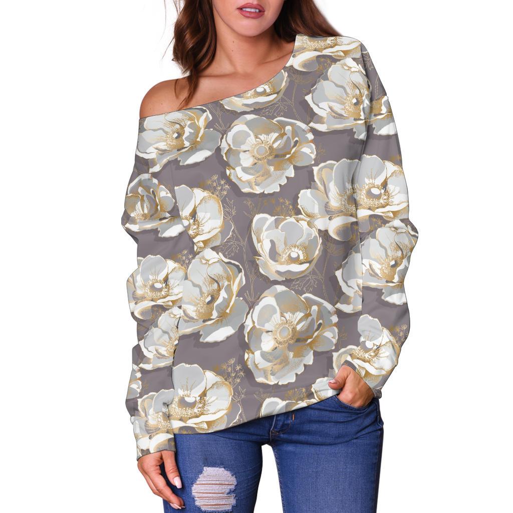 Elegant Grey Flower Print Off Shoulder Sweatshirt