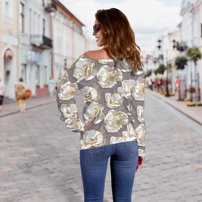 Elegant Grey Flower Print Off Shoulder Sweatshirt