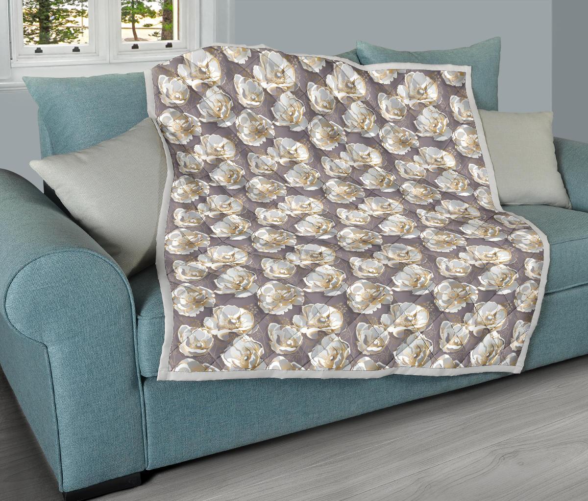Elegant Grey Flower Print Premium Quilt-JTAMIGO.COM