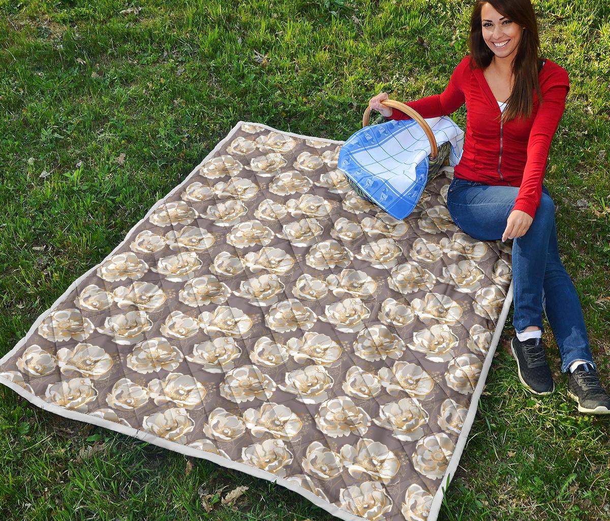 Elegant Grey Flower Print Premium Quilt-JTAMIGO.COM