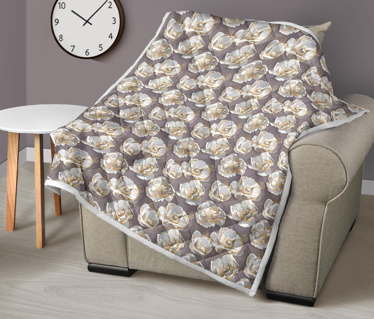 Elegant Grey Flower Print Premium Quilt-JTAMIGO.COM