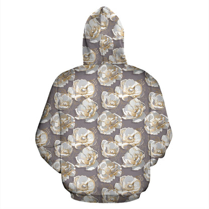 Elegant Grey Flower Print Pullover Hoodie
