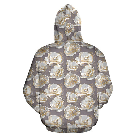 Elegant Grey Flower Print Pullover Hoodie