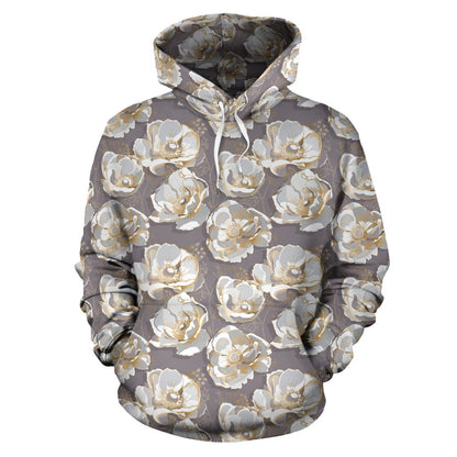 Elegant Grey Flower Print Pullover Hoodie