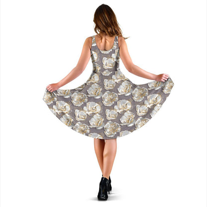 Elegant Grey Flower Print Sleeveless Dress