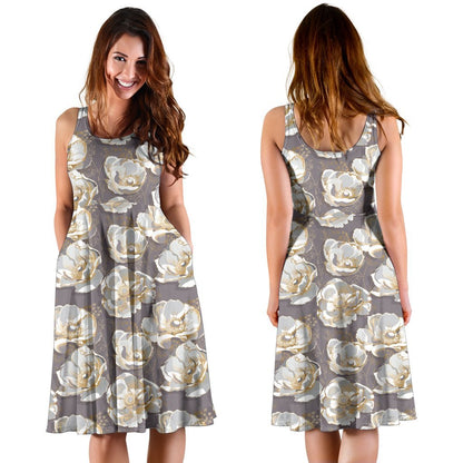 Elegant Grey Flower Print Sleeveless Dress
