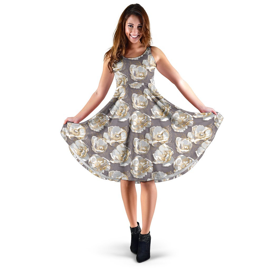 Elegant Grey Flower Print Sleeveless Dress