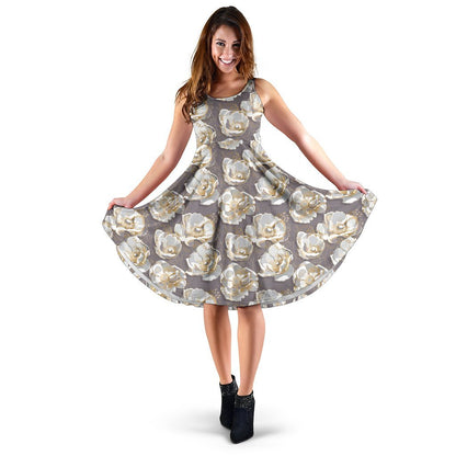 Elegant Grey Flower Print Sleeveless Dress