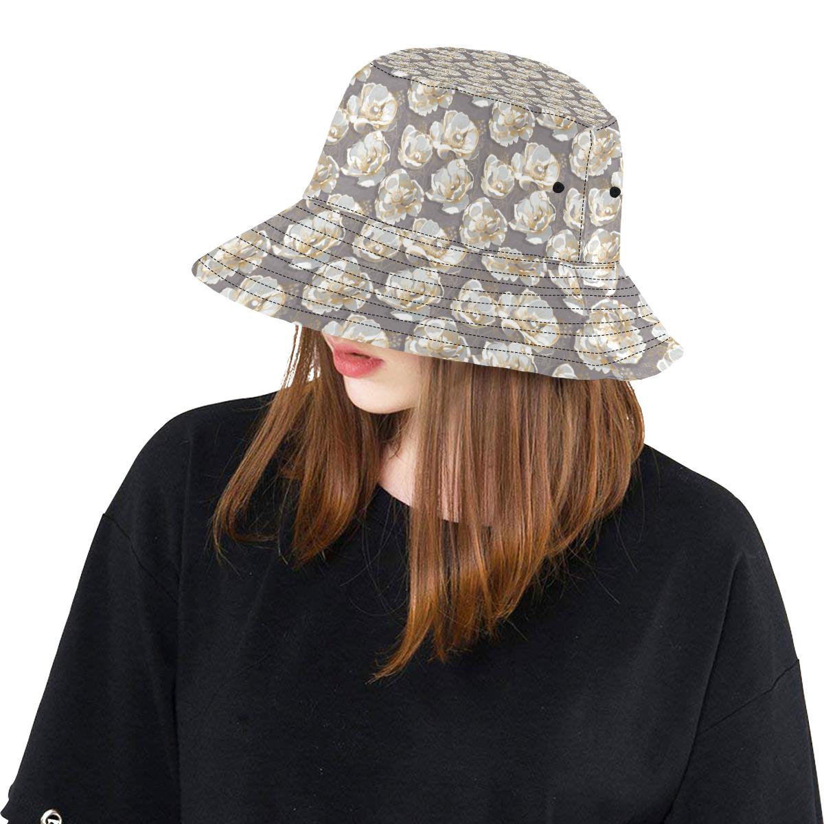 Elegant Grey Flower Print Unisex Bucket Hat