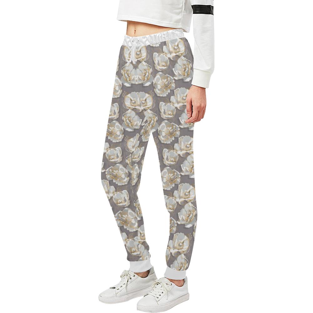 Elegant Grey Flower Print Unisex Casual Sweatpants (Model L11)-JTAMIGO.COM