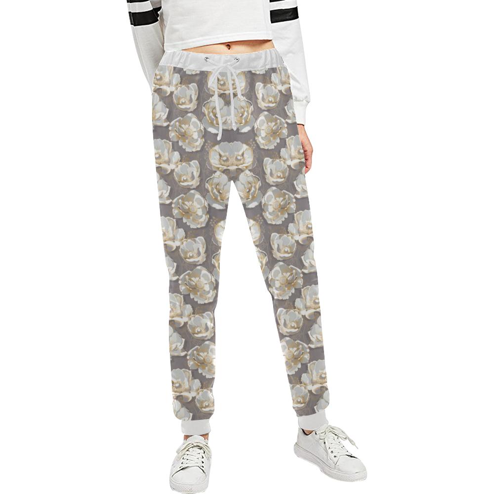 Elegant Grey Flower Print Unisex Casual Sweatpants (Model L11)-JTAMIGO.COM