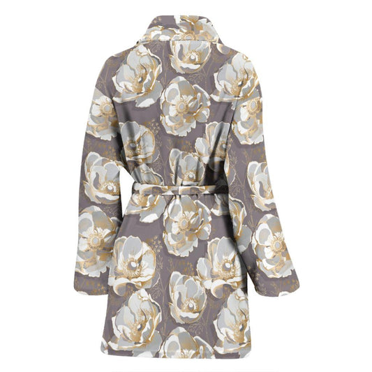 Elegant Grey Flower Print Women Bath Robe-JTAMIGO.COM