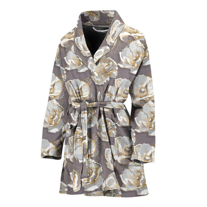 Elegant Grey Flower Print Women Bath Robe-JTAMIGO.COM