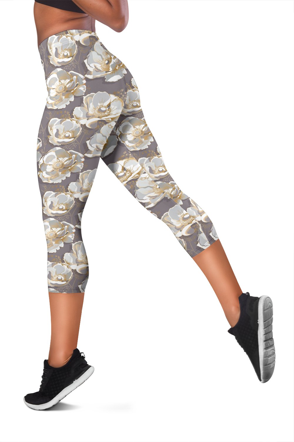 Elegant Grey Flower Print Women Capris