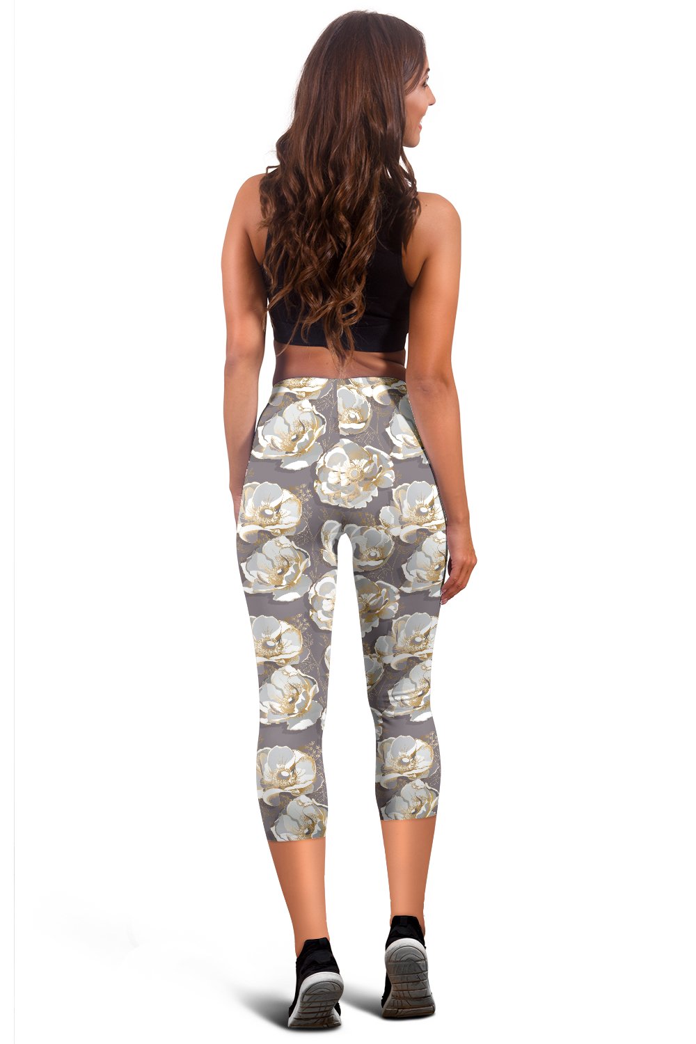 Elegant Grey Flower Print Women Capris