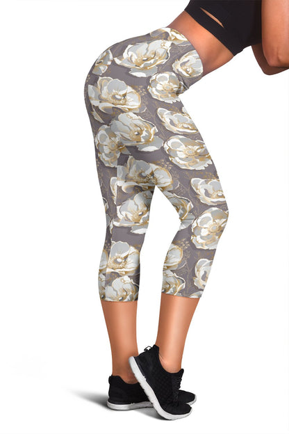 Elegant Grey Flower Print Women Capris
