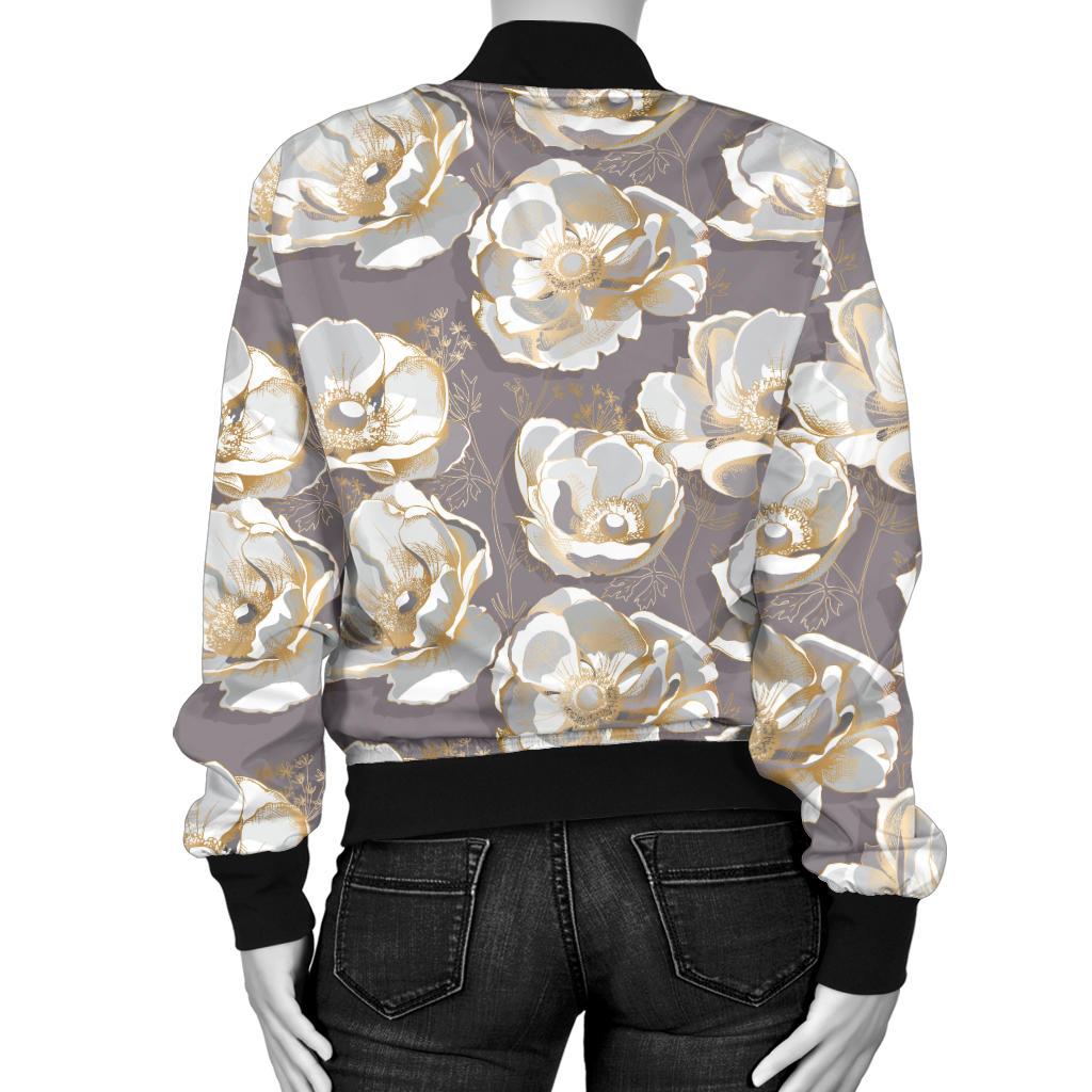 Elegant Grey Flower Print Women Casual Bomber Jacket